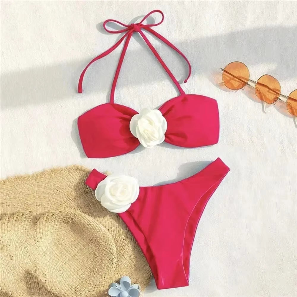 Sexy Flower Bandeau Swimwear Thong Bikini 2024 Women Lace-Up Swimsuits Swimming Bathing Suit Brazilian Bikinis Set Mujer Biquini