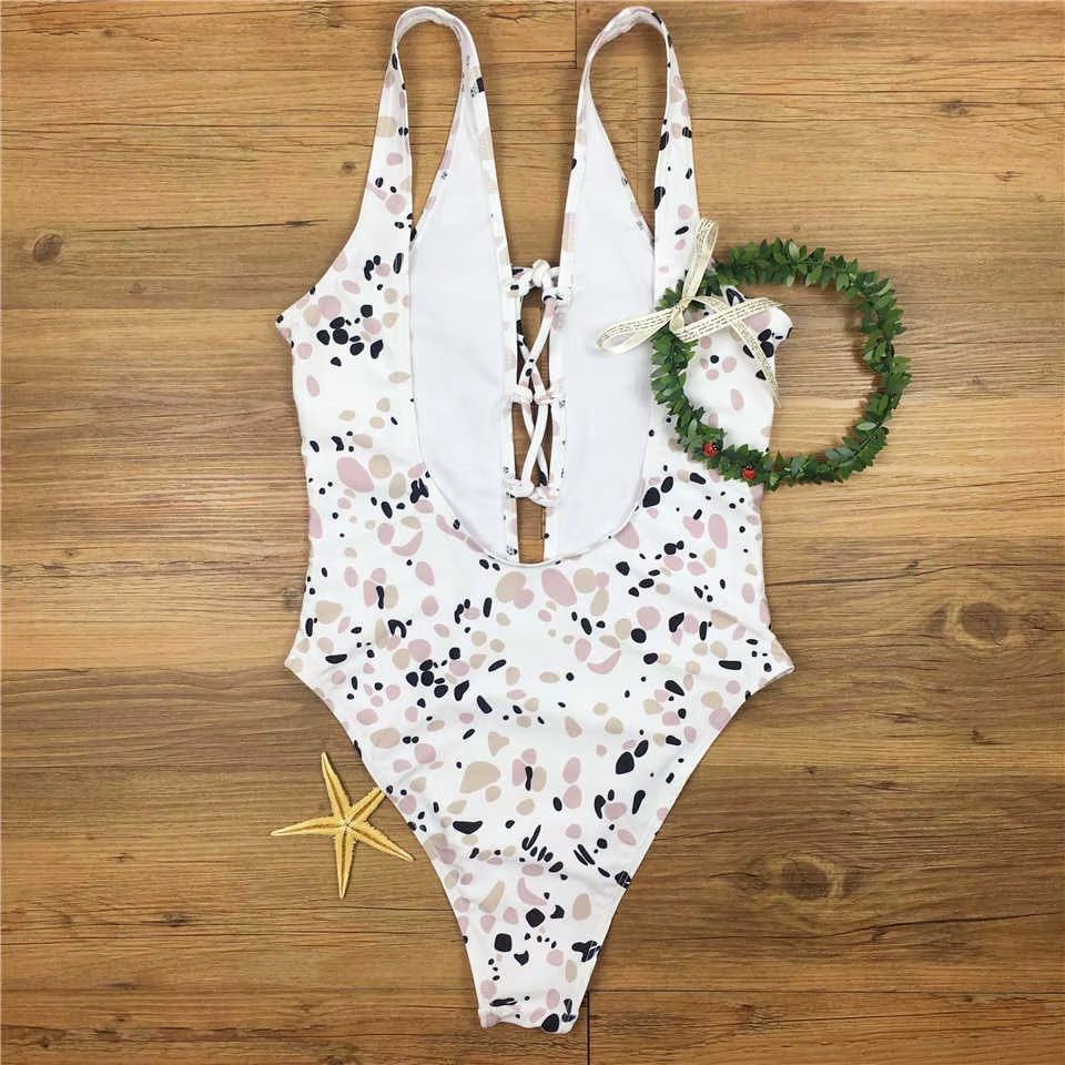 Lace up One Piece Bodysuit Swimsuit Women High Cut Swimwear Beach Monokini Sexy Bandage Backless Swim Suits Bathing Suit Maillot