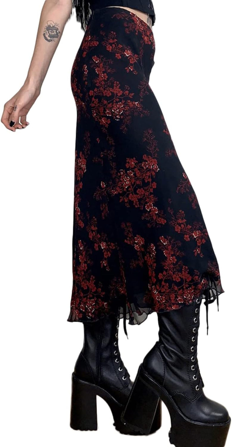 Women Y2K Fairy Grunge Midi Skirt Floral Print Vintage High Waist a Line Long Skirts Boho Fashion Streetwear